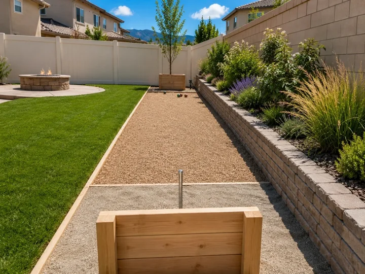 Block retaining wall and raised planting beside a gravel path