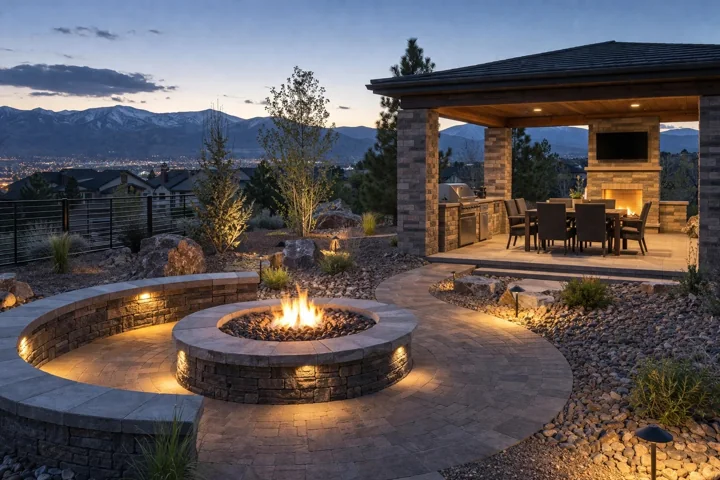 Outdoor seating, pergola and fire feature at dusk