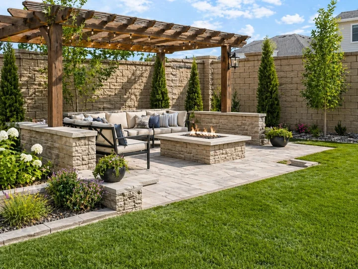 Pergola, patio and lawn in a finished landscape